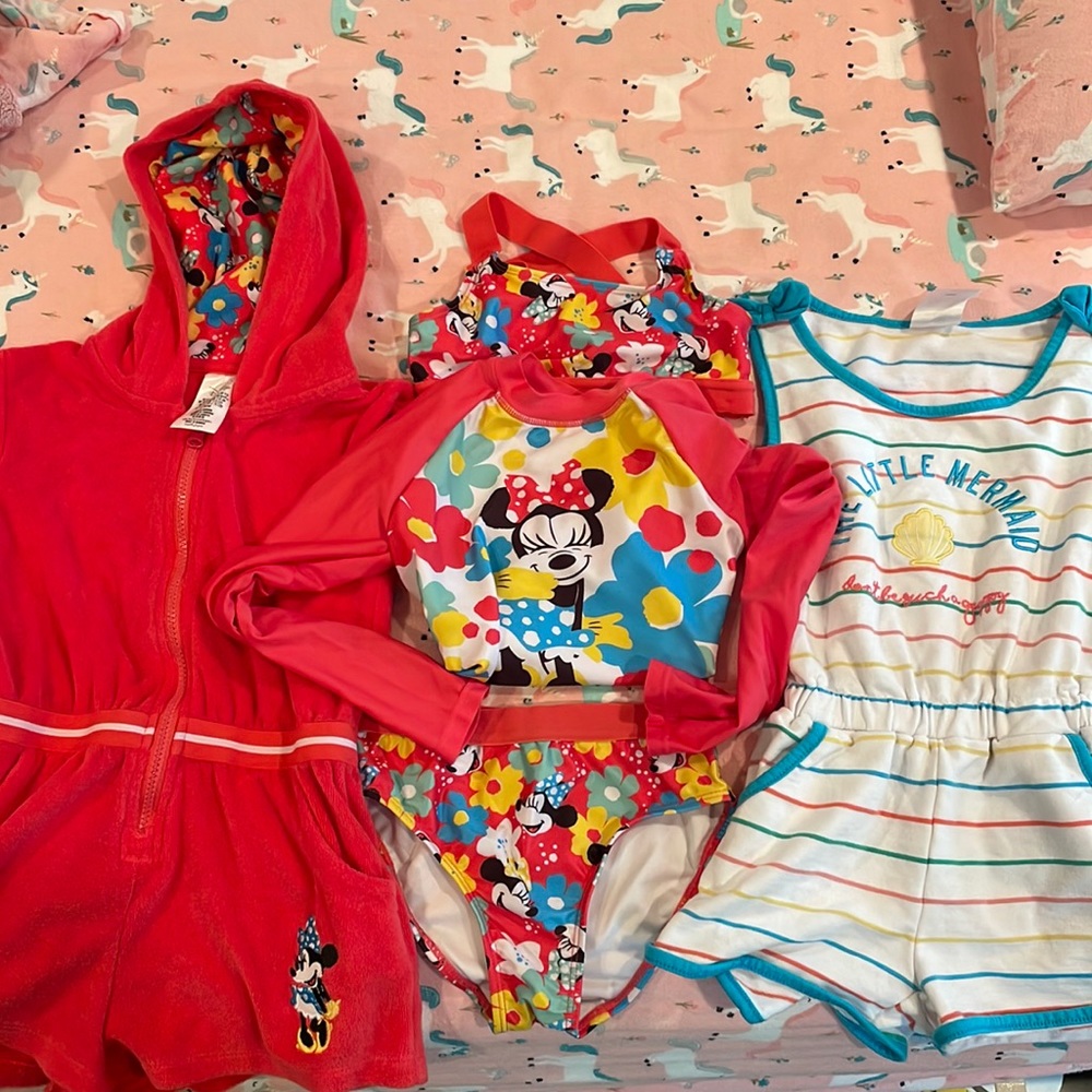 Kids 5/6 Disney girls pool bundle! Two rompers and one swim suit with two tops!